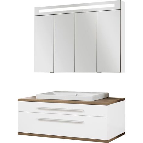 FACKELMANN STANFORD 3-teiliges Badmöbelset 110cm Braun/Weiß Keramik+LED Schrank"-"90330145 (1/3)