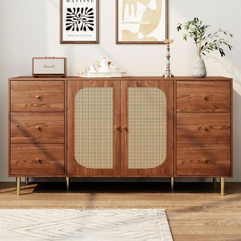 Buffet bas - GUTENT - 160 x 40 x 90 cm - 2 portes en rotin - Bois MDF - Style scandinave (1/5)