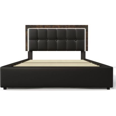 Lit adulte rembourré 140x200 cm PU noir avec bandeau LED et 4 tiroirs – lit double 2 places (1/5)