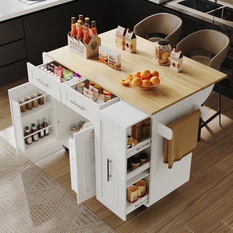 Desserte de cuisine 134,5x74x90,5 cm avec 2 portes, 2 tiroirs, plateau de table pliable, placards extensibles, porte-serviettes, porte-épices, blanc (1/5)