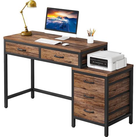Tribesigns Escritorio para Computadora, Mesa de Oficina con 5 cajones, Escritorio para Computadora con Cajón Reversible, Soporte para Impresora para el hogar, 130x45x82cm, Marrón (1/5)
