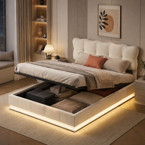 Lit coffre 140x200 cm avec led, lit adulte en velours, tête de lit design capitonnée, grand rangement hydraulique, sommier à lattes, beige (1/5)