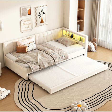 DESVIAE Lit de jour avec lit gigogne 90 x 200 cm rangement tête de lit USB Type C LED multicolore beige (1/5)