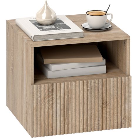 Beyamis Table de chevet, design sans poignée, compartiment ouvert, tiroir, mural, brun clair (1/5)