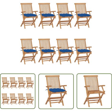 The Living Store Chaises de jardin avec coussins bleu lot de 8 Bois teck massif - Chaise De Jardin - Mobilier De Jardin - Chaise En Bois - Set De Chaises - Terrasse (1/5)