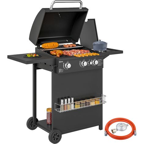 3-flammiger Gasgrill mit zusätzlichem Seitenbrenner, 9,5 kW, Stahl, 2 Ablagen und Räder, schwarz, für den Garten
