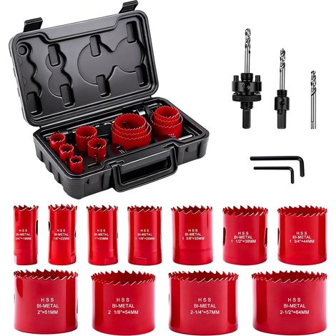 Lot de 17 scies cloches HSS bimétal 19-64 mm avec mallette Kit de 17 pièces comprenant 11 scies cloches, 2 mandrins, 2 forets et 2 clés hexagonales (1/5)