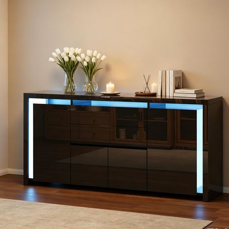Credenza da 160 cm – Mobile da cucina alto – 4 ante + 2 cassetti – Illuminazione LED RGB a 7 colori – Stile moderno – Finitura laccata nera (1/5)