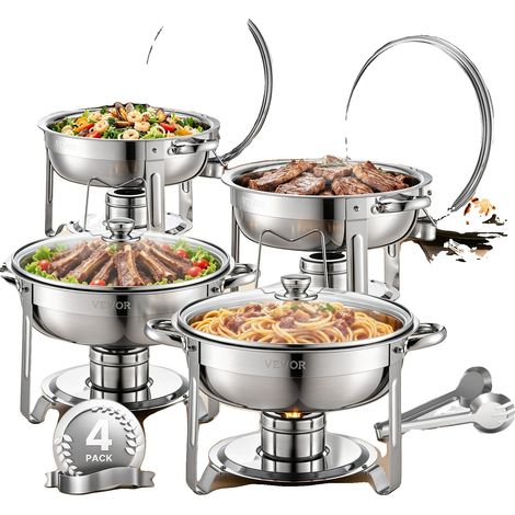 VEVOR Piatti da portata, 5 Qt, 2 pezzi, Scaldavivande in acciaio inox, Scaldavivande rotondo, Coperchio in vetro, Argento, 4 pezzi, Argento-4 pezzi (1/2)