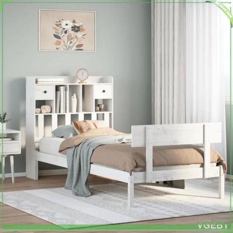 Lit bibliothèque sans matelas - Modèle 3321829 - Bois de pin massif - 90x200 cm - Tête de lit bibliothèque avec rangement (1/5)