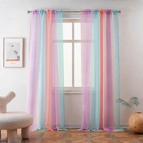 Rideaux transparents dégradés arc-en-ciel - Panneau unique en lin de 55 po x 84 po - Conception à œillets pour tringle, adaptés aux chambres de filles, aux chambres d'enfants et aux chambres sur le th (1/5)