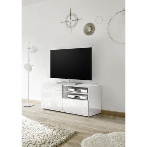 Meuble TV moderne 122 cm laqué blanc brillant Orlane (1/5)