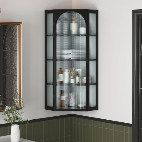 Armoire murale triangulaire en verre blanc transparent de 105 cm, quatre niveaux de rangement, sans panneau arrière, idéale pour la cuisine et la salle de bain, noire. (1/5)