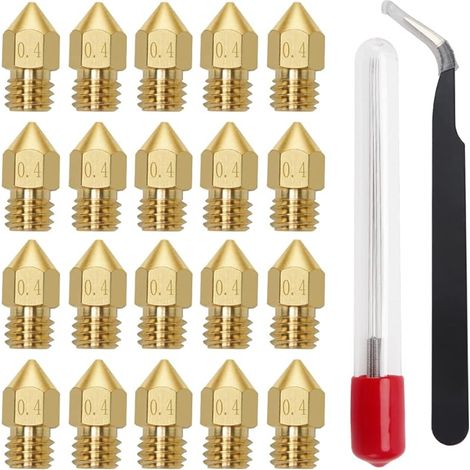 20PCS 0.4mm 3D Imprimante Buse, MK8 Extrudeuse Buse, pour MK8 Makerbot Anet A8 et CR- 10 Imprimante. (5 aiguilles de nettoyage pour buses+Pinces Antistatiques)