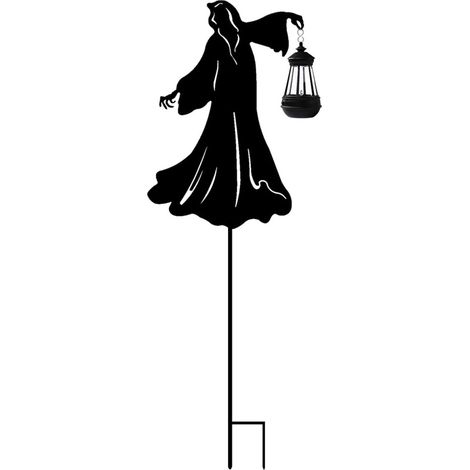 Piquet décoratif d'Halloween : silhouette de sorcière sur balai volant en métal avec éclairage solaire – Luminaire d'extérieur pour jardins, pelouses, patios, cours, allées et entrées de garage (1/3)
