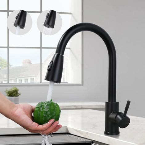 Black Kitchen Faucet, Sink Mixer Tap with Pull-Out Spray in Stainless Steel, Kitchen Mixer Tap with 2 Jet Modes, High Spout and 360° Rotatable, Anti-corrosion (1/5)