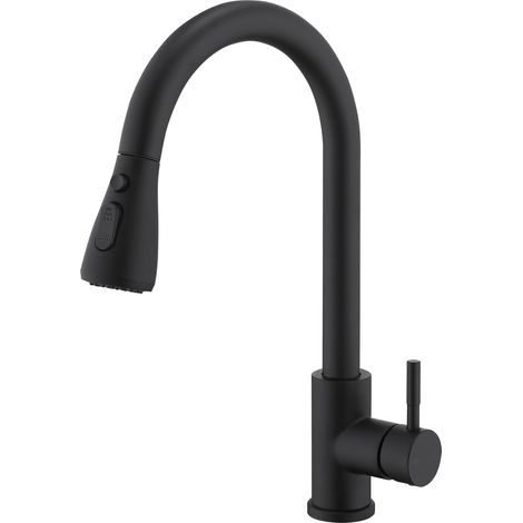 Robinet de Cuisine Noir Mat avec Douchette Extractible, Bec Pivotant 360°, Mitigeur Évier 3 Jets & Pause, Cartouche Céramique, Haute Pression 3 types de jet avec pause, rotation à 360 °, robinet d'év (1/5)