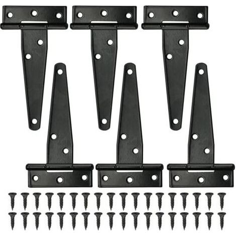 6 PCS Charnière en T Noires Charnière porte de Grange 4 pouces Charnières en T Extérieur avec 36 vis Charnières de Portes en Fer Charnières Robustes pour Portes, Fenêtres, Abris de Jardin