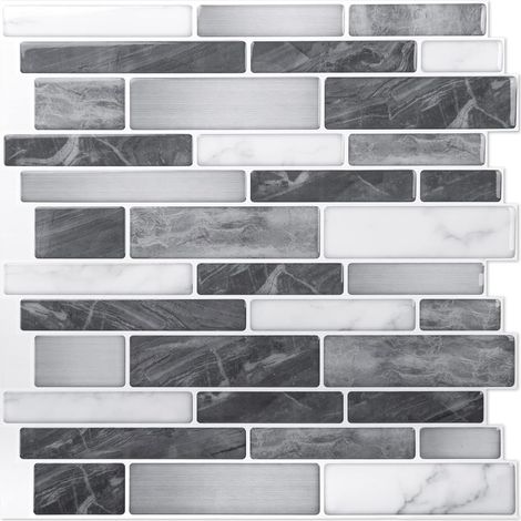 Lot de 10 pièces,Carrelage Autocollant Mural,Crédence Adhésive Noir et Gris avec Motif Marbre pour Cuisine Salle de bains,Effet mosaique,30x30cm (1/5)
