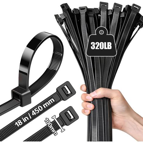 100pcs 10mmx450mm Très Grand Serre Cable,Attaches de Câbles Robustes,Colson Noir,Serflex Noir,Nylon Zip Ties (1/5)