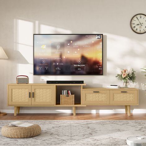 Meuble TV, Extensible, 2 tiroirs, 2 Portes, Console TV, Armoire TV, 180/146x29.8x44cm, Chêne Naturel, pour Salon et Chambre