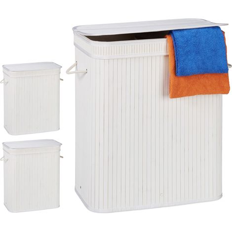 3x Cesto Portabiancheria con Coperchio, 2 Scomparti, Contenitore Panni, Traspirante, 95 Litri, Bambù, Bianco (1/5)