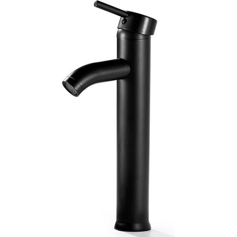 Robinet de lavabo noir mat, robinet de salle de bains à poignée unique, un trou, mitigeur de lavabo moderne, robinet de bar, bec haut, montage sur pont à un trou avec conduites d'alime (1/4)