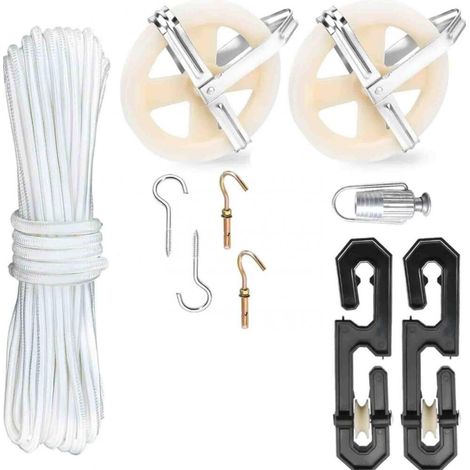 Kit de poulie pour ligne de linge avec séparateurs S, tendeur et pinces, pour utilisation en extérieur et intérieur. (1/5)