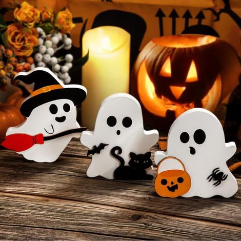 Décorations d'Halloween d'intérieur : adorables fantômes, ensemble de 3 panneaux décoratifs en bois pour étagère ou table, motif chat noir, chauve-souris, balai de sorcière et citrouille (style A-Ghos (1/4)