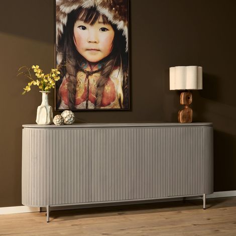 Buffet en bois gris rainuré ovale 4 portes CALERO