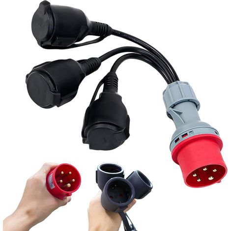 Adaptateur CEE - Répartiteur de courant fort - 400 V - 16 A - Fiche vers 3 x 230 V - Câble d'extension - Câble adaptateur CEE de camping avec couvercle rabattable et prise de terre - Pour caravane (1/5)