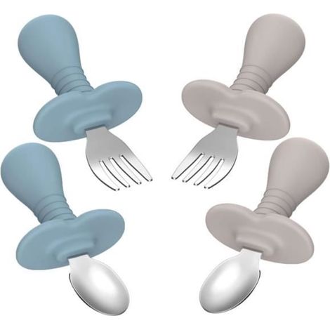 Couverts pour bébé rangement en acier inoxydable - Cuillère et fourchette pour bébé avec poignées en silicone - Couverts - 10 mois +