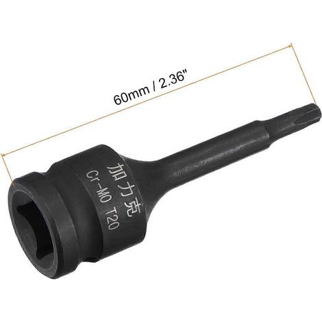 Douille Torx à impact T20, entraînement carré 3/8", longueur 60 mm, acier CR-MO, dimensions métriques (1/4)