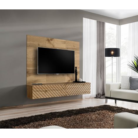 Ensemble meuble TV mural Switch PR1 - Bois MDF décor noir et chêne Wotan - 180 x 148 x 40 cm - Livraison gratuite