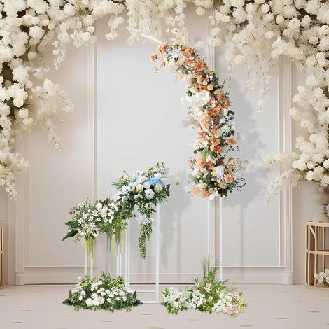 Wedding Arch Background Stand, Metal Half Arch Balloon Frame with 2 Pieces Geometric Flower Stand Balloon Frame Set for Weddings Birthday Party Decoration White (1/5)