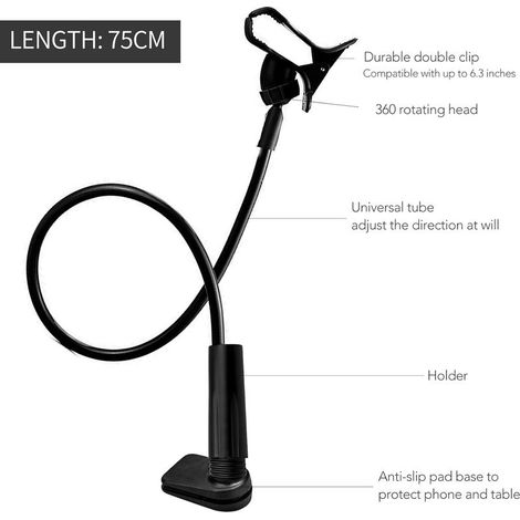 Schwanenhals-Handyhalterung, faltbarer Ständer für Tablets und Smartphones – 360° flexibler Arm mit Befestigungsclip, Schwarz, 75 cm Gesamtlänge (1/5)