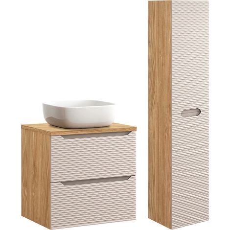 Ensemble meuble simple vasque 60cm et colonne Elora Beige et bois (1/5)