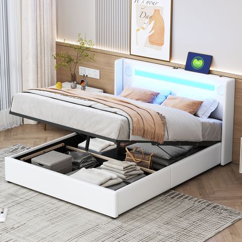 Lit coffre 140x200 cm en PU blanc avec LED, Bluetooth, USB et sommier à lattes inclus (1/5)