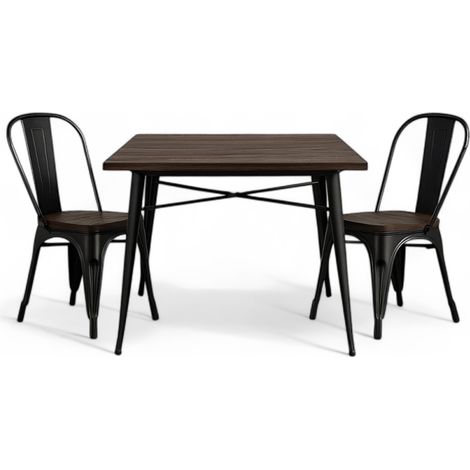 Ensemble Table et Chaises Style Industriel, Métal Noir Mat et Bois Naturel, 80x80 cm (1/5)