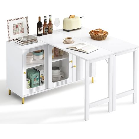 Buffet de cuisine extensible Blanc,vitrine moderne,avec 2 portes,plan de travail,116-122x40x78.5cm (1/5)