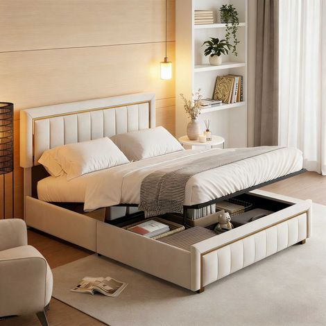 Cama canapé beige 160x200 cm, cabecero tapizado, estructura de cama de estilo moderno, cama doble con función de almacenaje