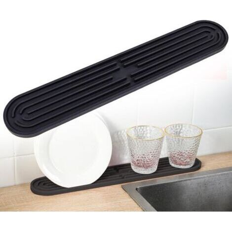 Tapis d'égouttage étroit en silicone, tapis de bar antidérapant pour vaisselle, tasses, bouteilles, planches à découper, organisateur d'évier, 43 x 7,5 x 1 cm, noir (1/4)