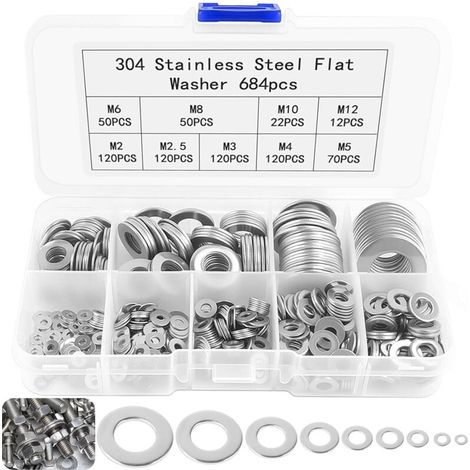 684 Pièces Rondelles Metal, Rondelles Plates Inoxydable, Rondelles Entretoises Rondes avec 1 Boîte D'Assortiment, pour L'étanchéité Vis et Boulons, 9 Tailles - M2 M25 M3 M4 M5 M6 M8 M10 M12 (1/5)
