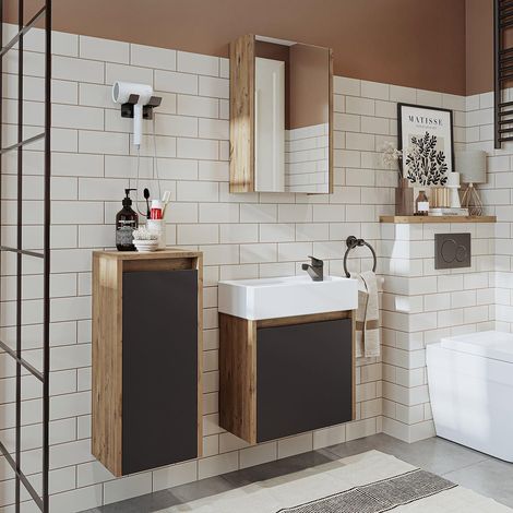 Mini Bathroom Furniture Set with Basin, Mirror Cabinet and Tall Storage Unit, Oak Effect and Anthracite (1/5)