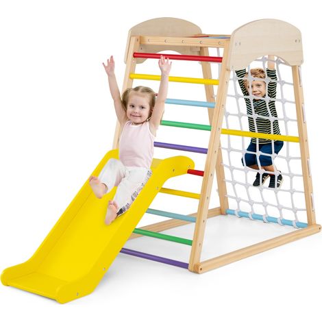 Set gioco da arrampicata in legno con ancoraggi al pavimento, Parco giochi con rampicata a doppia faccia Colorato (1/4)