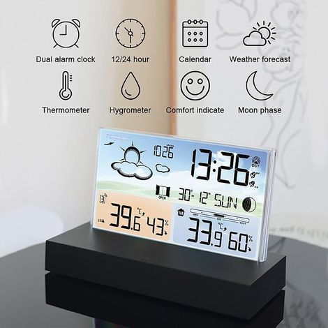 Station Météo avec Capteur Extérieur Sans Fil, écran LCD Sans Fil Station Météo Numérique Avec Double Réveil/Date/Heure/Température/Humidité/Alerte/Barométrie/Prévisions Météo Pour Maison
