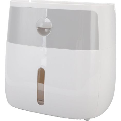 Distributeur de papier toilette mural étanche, boîte de rangement pour rouleau de papier toilette avec bouton-poussoir, gris et blanc.
