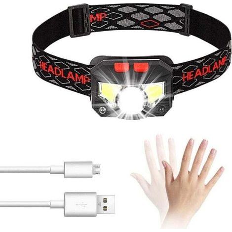 LED-Stirnlampe, USB-aufladbar, mit Bewegungssensor, 300 Lumen, 8 Leuchtmodi, wasserdicht (IPX4), 30 Stunden Laufzeit, ideal zum Angeln, Campen, Lesen, Wandern und Radfahren. (1/4)