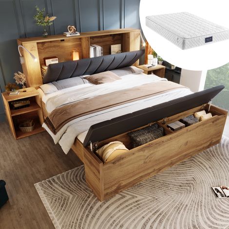 REDOM - Lit double 160x200 cm, avec matelas, lampes de lecture USB, 2 tables de chevet, banc coffre, bois couleur chêne (Sans matelas) (1/5)