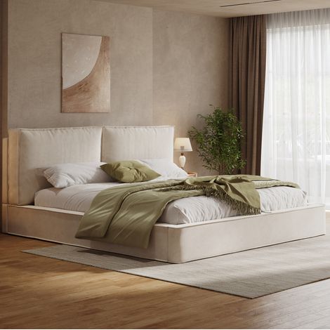 Cama doble tapizada moderna 180x200 cm en chenilla beige con cabecero alto acolchado y somier de láminas (1/5)
